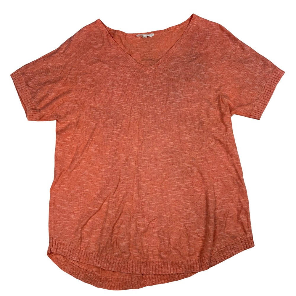 Eileen Fisher Coral/Peach Linen V-Neck Short Sleeve Boxy Sweater Size Medium